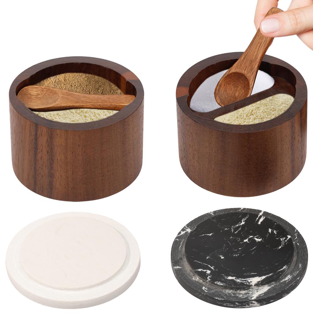 2 Pcs Salt Cellar Box with Lid and Spoon Wood and Stone Salt or Pepper Sugar Spice Seasoning Bowl Container Jar Holder Well Keep