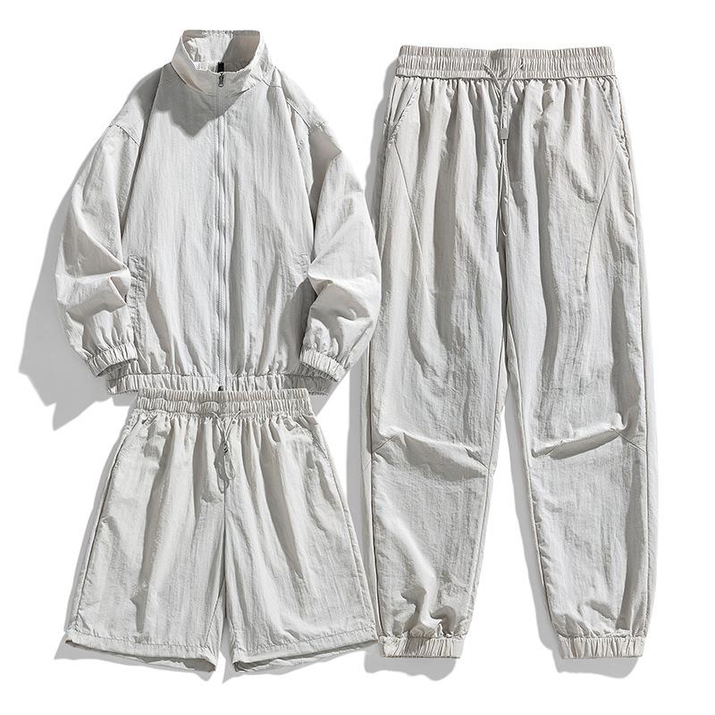 Men's Casual Ice Silk Tracksuit Jacket Shorts And Trousers 3pcs Suit Running Fitness Jacket Suit Male Sportswear Set