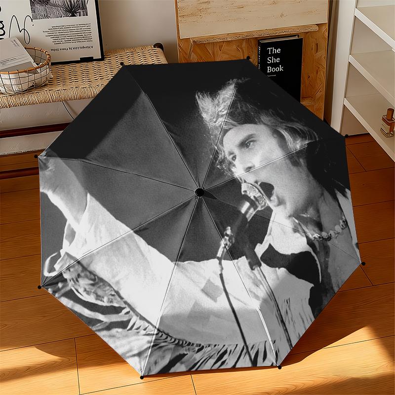 1pc Johnny Hallyday Retro Poster Umbrella Portable Folding Umbrella Iron Frame Hole Bone Structure Outdoor Home Umbrella