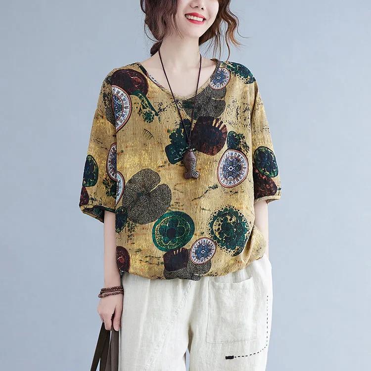 Women s Summer Literary Style Youthful Print Top Mom-Style Loose-Fit Slimming T-Shirt S жёлтый