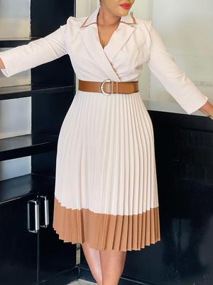 Elegancka Zimowa Sukienka Damska Plus Size z Łatami na Klapie, Plisowana - Styl Europejski i Amerykański