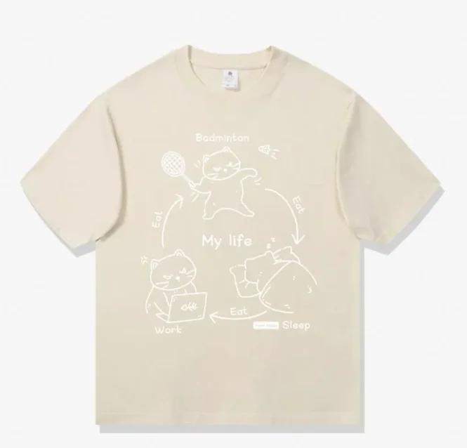 

Badminton Cat Three Points and One Line Fun Pattern Shortsleeved Tshirt Loose and Versatile Summer Tshirt S