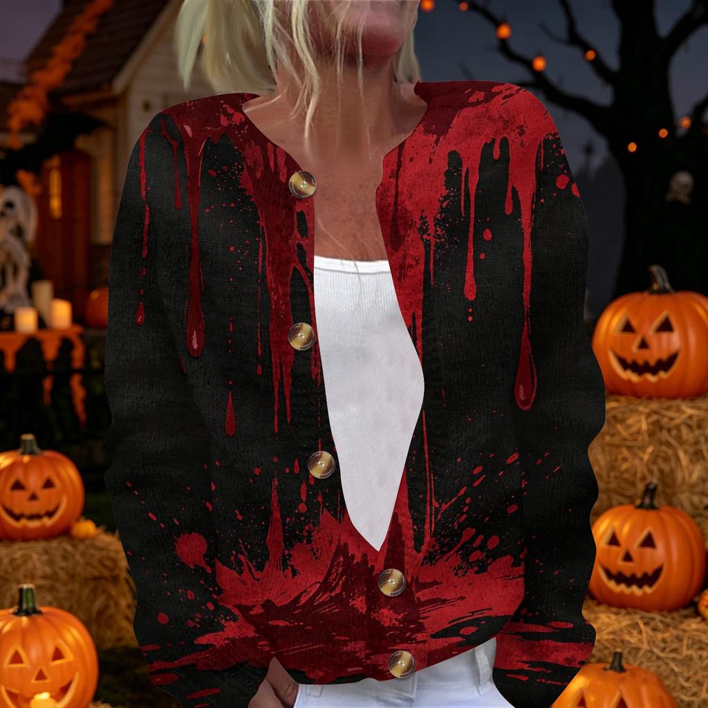 Women's Long Sleeve Knit Cardigan Button Front Sweater Halloween Themed Print Casual Lightweight Outerwear for Seasonal Wear