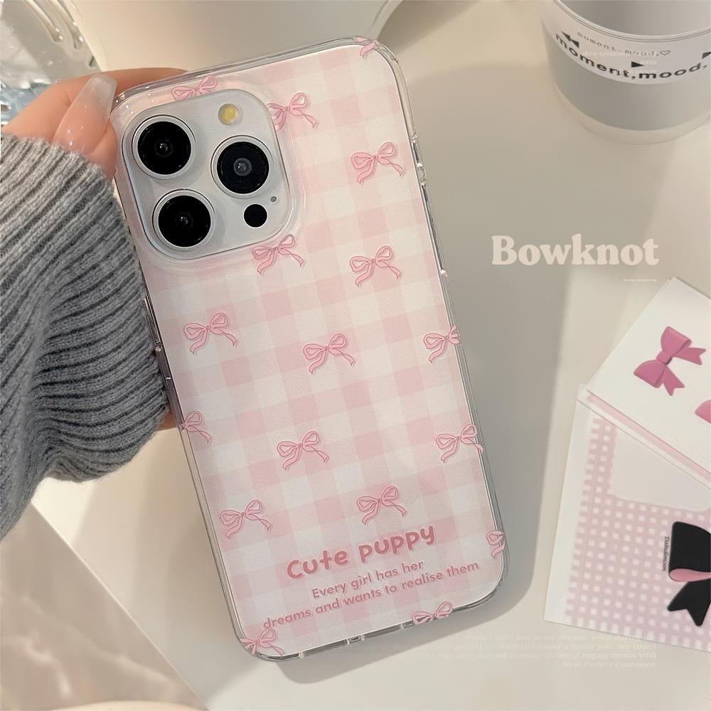Double Layer Pink Plaid Mobile Phone Case Suitable for 14 Apple 15 Promax Bow Iphone13 Niche 11 Soft 16