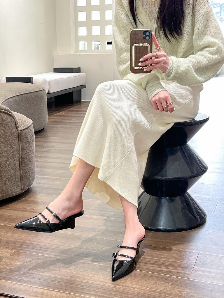 Baotou Half Slippers Women 2024 Summer New Outer Wear Fashion Solid Color pointed end Toe Thick Heel High-heeled Women's Shoes