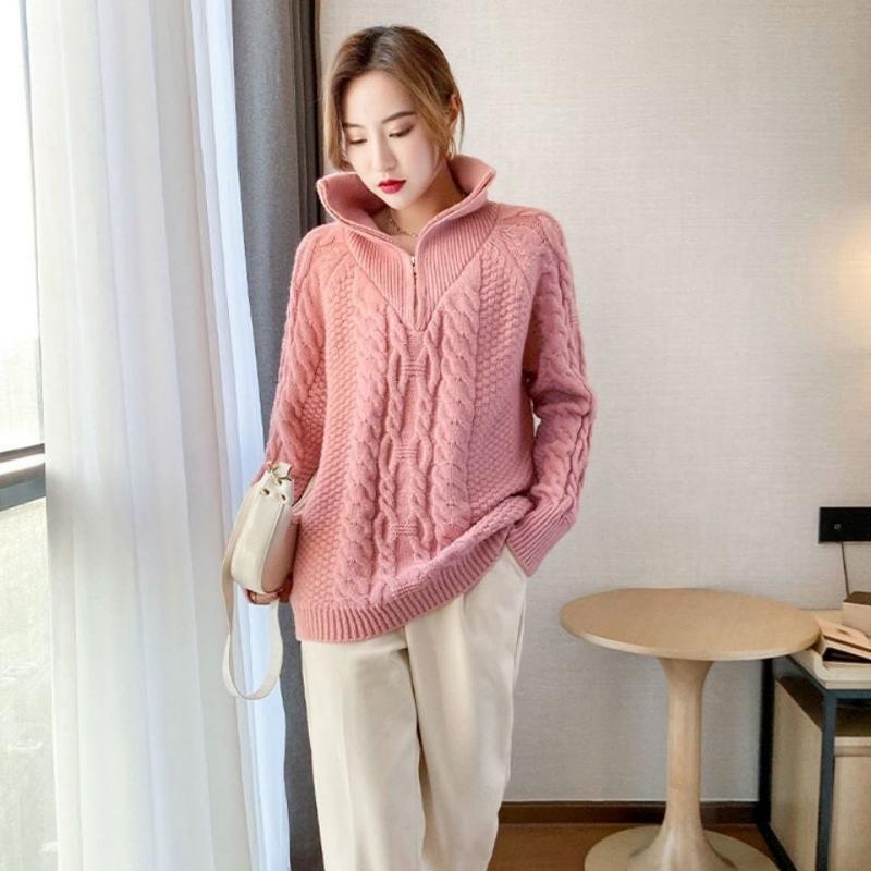 Zipper High Neck Sweater Pullover 2022 New Women Autumn and Winter Loose Outwear Long Sleeve Knitted Sweater Pullover Female Top