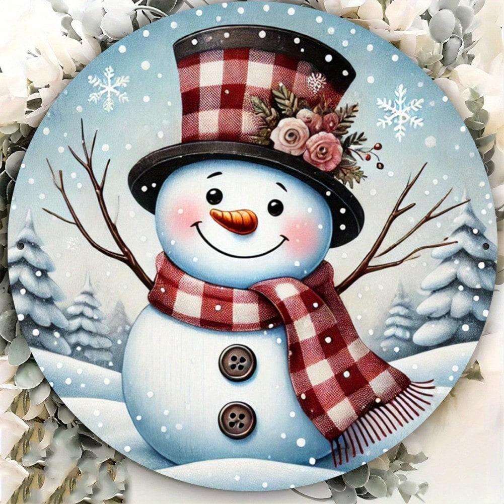 Metal Tin Sign Snowman Wall Art Rustic Holiday Decor Aluminum Round 20cm 20x20