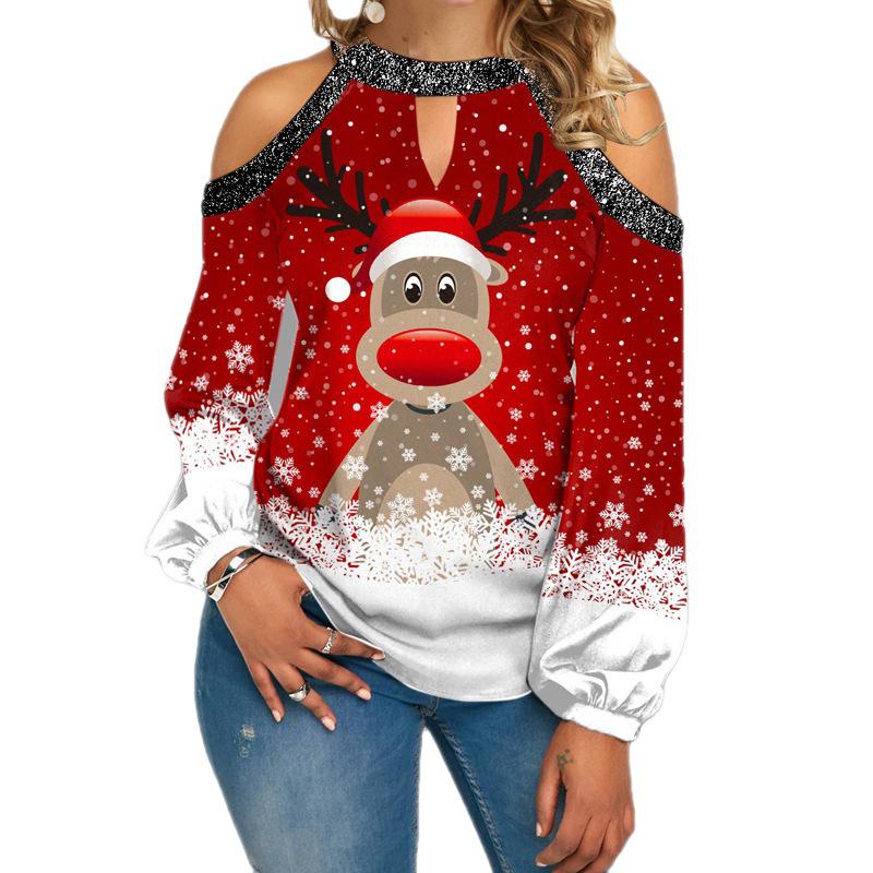 2023 European Christmas Reindeer Off-Shoulder Long Sleeve Top: Women's Casual Fashion