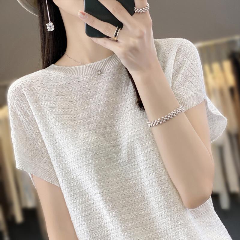 Crew Neck Bottoming Shirt Women's Summer First-line Ready-to-wear Hollow Bat Sleeve Knitted Sweater Versatile Short Sleeve