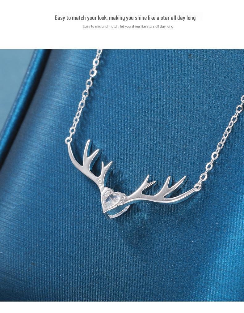 Korean Style S925 Sterling Silver Reindeer Antler Necklace - Cute Christmas Pendant Clavicle Chain