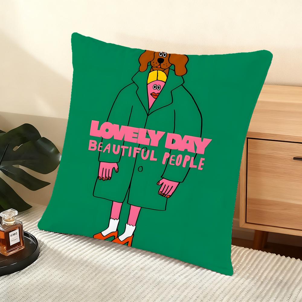 Flat Illustration Cushion Cover Silky Short Plush Home Sofa Cushion Cover - Invisible Zipper Home Decoration