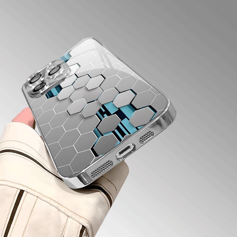 Silver Gradient Honeycomb Pattern Electroplated Phone Case For Samsung Galaxy S25 S24 S23 Ultra Plus FE Tempered Glass Cover