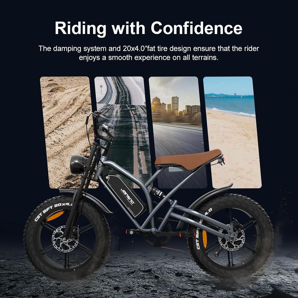 Jansno X50 250W motor+48V14AH battery, 20 * 4.0-inch tires, disc brake, Ximano 7-speed, maximum speed 40-45KM/H electric bicycle