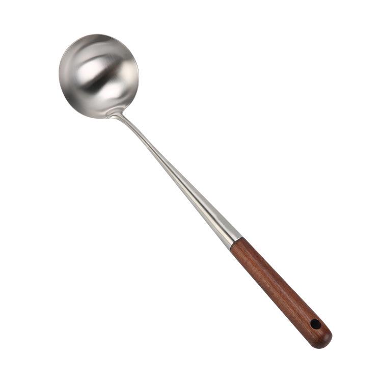 Chef's 304 Stainless Steel and Rosewood Spatula & Soup Ladle Set - Anti-Scald, Long Handle for Restaurant Use