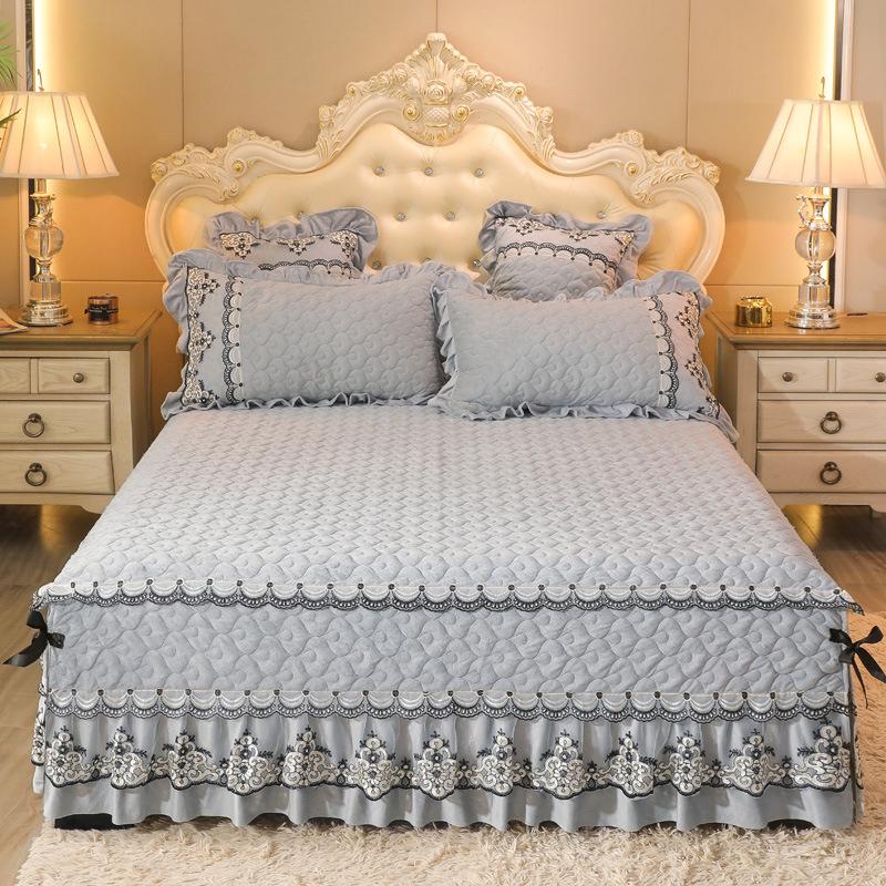 1 peça Saia de Cama Clássica Europeia Aveludada Acolchoada Tamanho King Queen Alta Qualidade Pelúcia Curta Colcha Não Inclui Fronha
