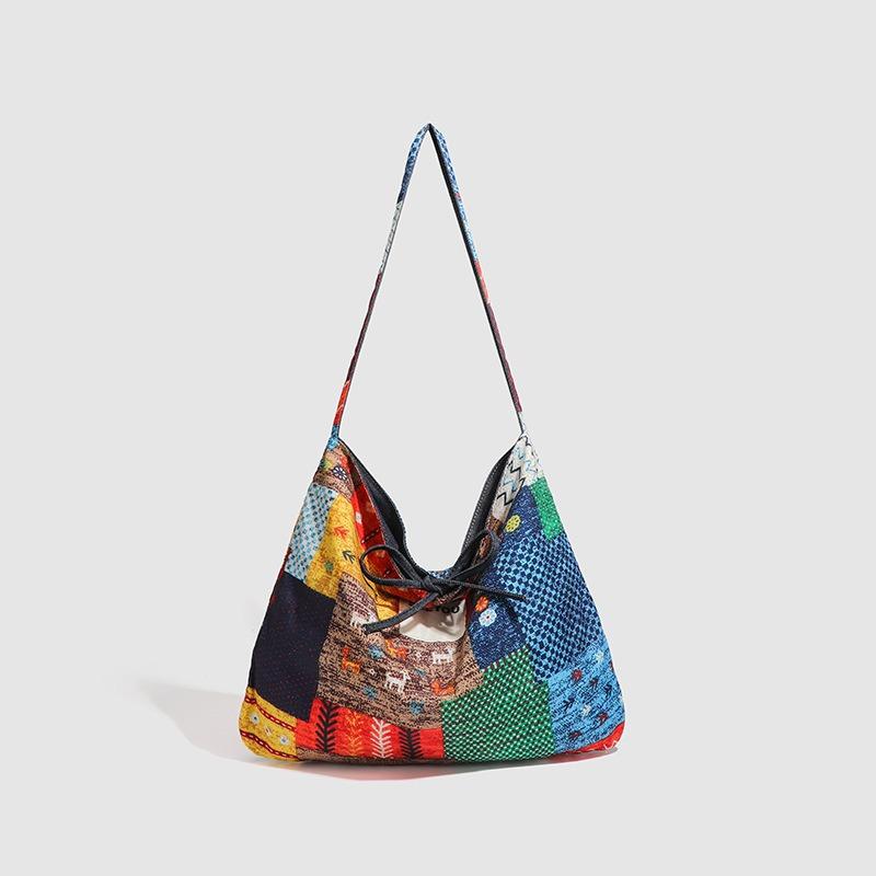 

Autumn Winter New Ethnic Style Large Capacity Patchwork Bag Fashion Versatile Reversible Denim Tote Bag Shoulder Bag for Women Ethnic Style Color-Block