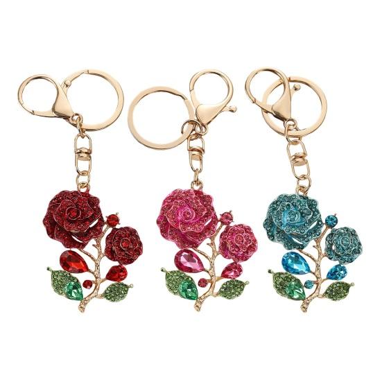 Bling Rose Keychain for Women Rhinestone Flower Keyring Accessory Sparkling Bag Charm for Purse
