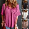 Kadın Tişört V Yaka Kısa Kollu Cepli Tişört Düz Renk Günlük Bol Üstler