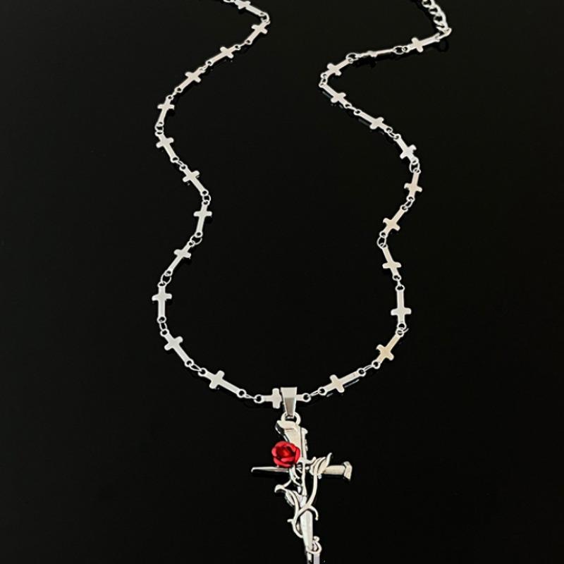 Punk Gothic Red Rose Vine Cross Pendant Necklace for Women Men Vintage Rock Cool Silver Color Cross Chain Party Jewelry Gifts
