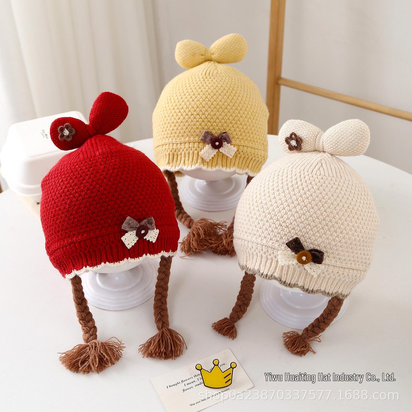 

Korean Style Baby Wool Hat with Ear Protection - Cute Braided Winter Wig for Girls and Infants Brown Braided Princess Hat