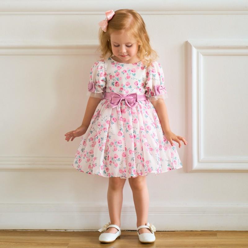 Baby Girls Formal Dress Floral Print Puff Sleeve Tulle Gown Birthday Party Wedding Events