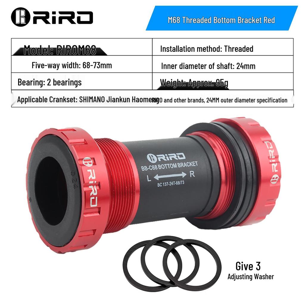 RIRO BB68 Ultra-light Ceramic Bearing Bicycle Bottom Bracket Crankset, Threaded Hollow Design.