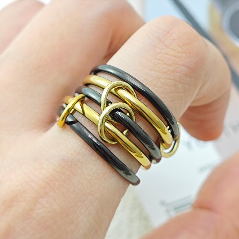 5PCS Black Gold Color Multiple Layers Rings Stackable Set Stainless Steel Interlocking Ring For Women INS Finger Jewelry Gifts