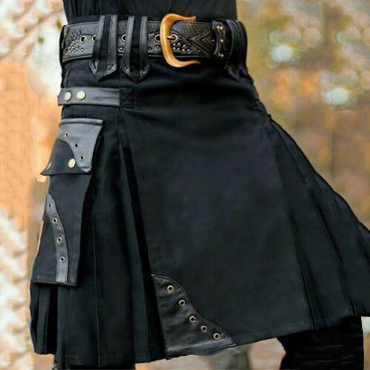 

Мужской килт Utility Kilt в шотландском традиционном стиле Хайленд, однотонный, плиссированный, с пряжками, на ремешках, с карманами-карго XXXXXL чёрный