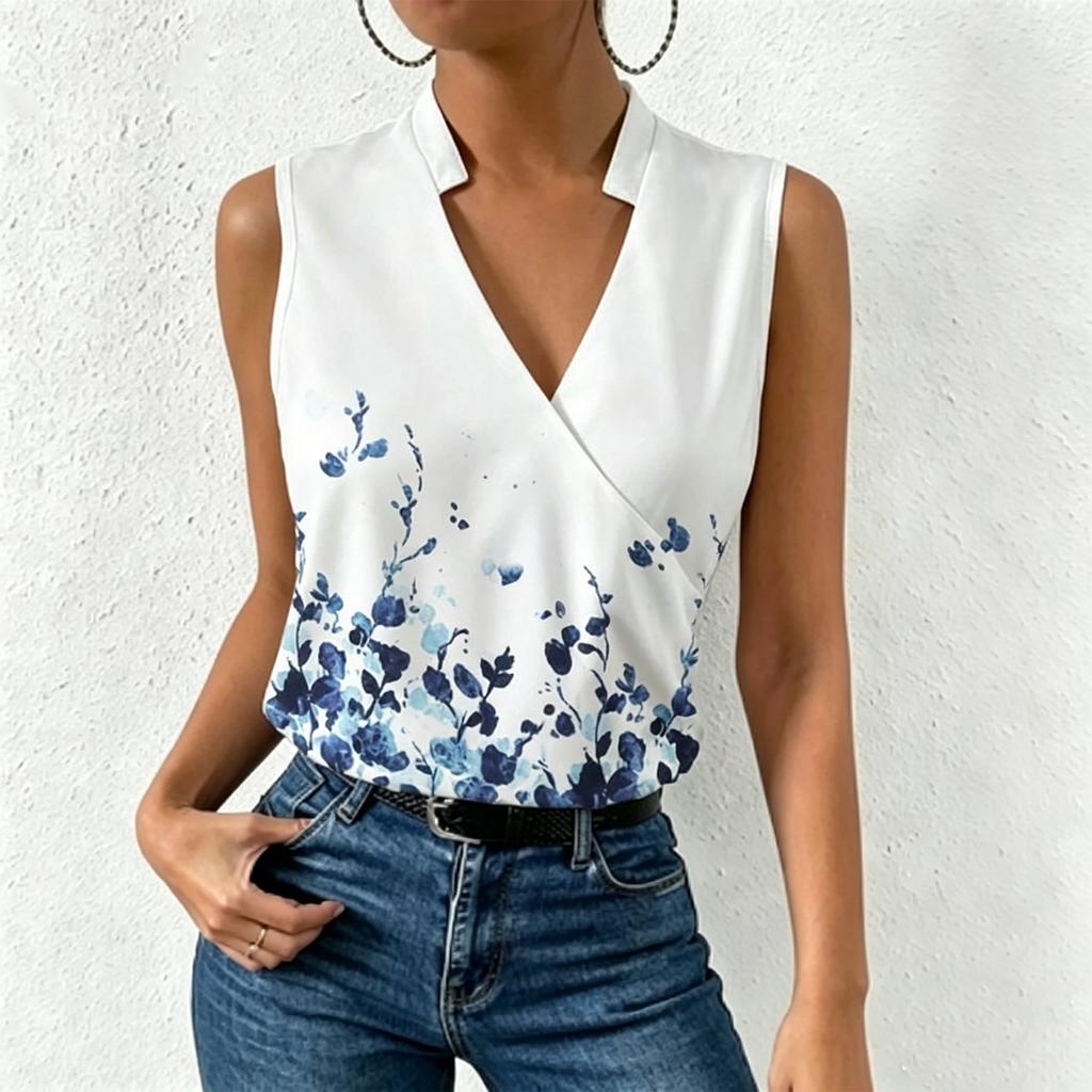 Women Sleeveless V Neck Casual Pullover Digital Print Top Blouse Lightweight Summer Shirt