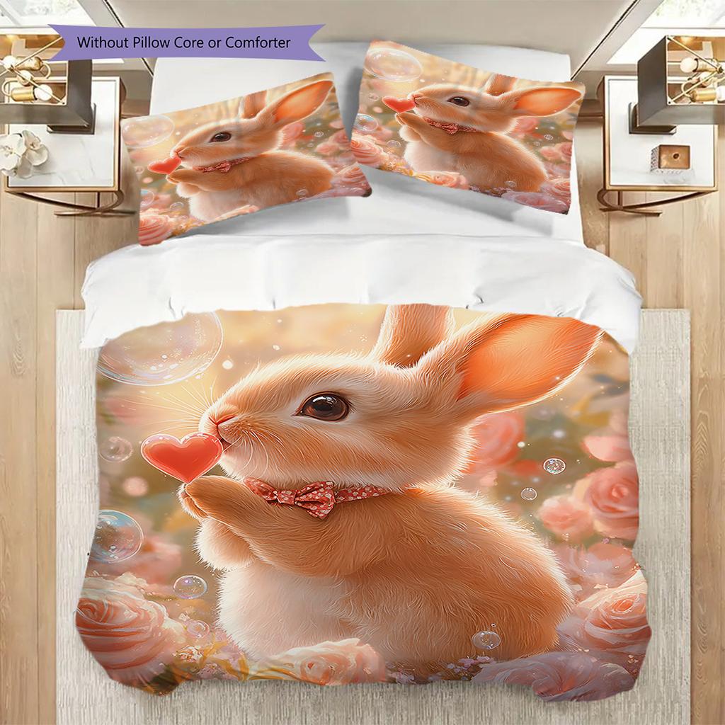 Rabbit Pattern Bedding Quilt Set Quilt Cover Pillowcase Home Decoration Birthday Gift (1 * duvet cover + 2 * pillowcase, without core)