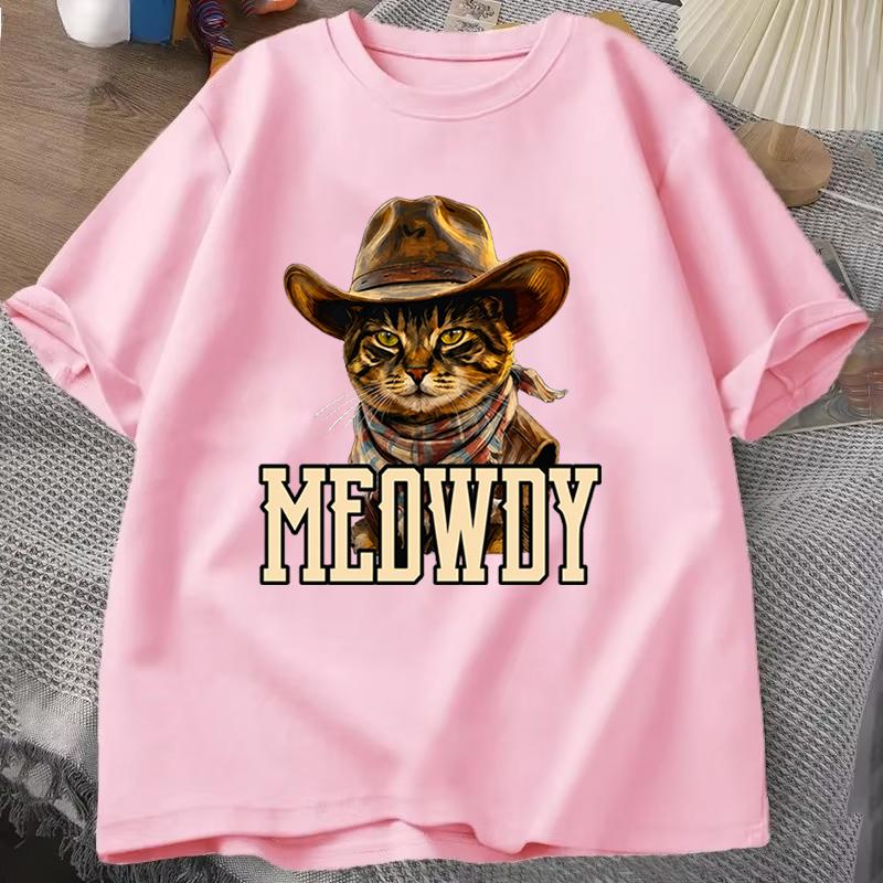 Cat Lover Casual Short Sleeve Tshirt Vintage Western Cowboy Cat Graphic T Shirts Unisex Cat Owner Country Western Casual Tee
