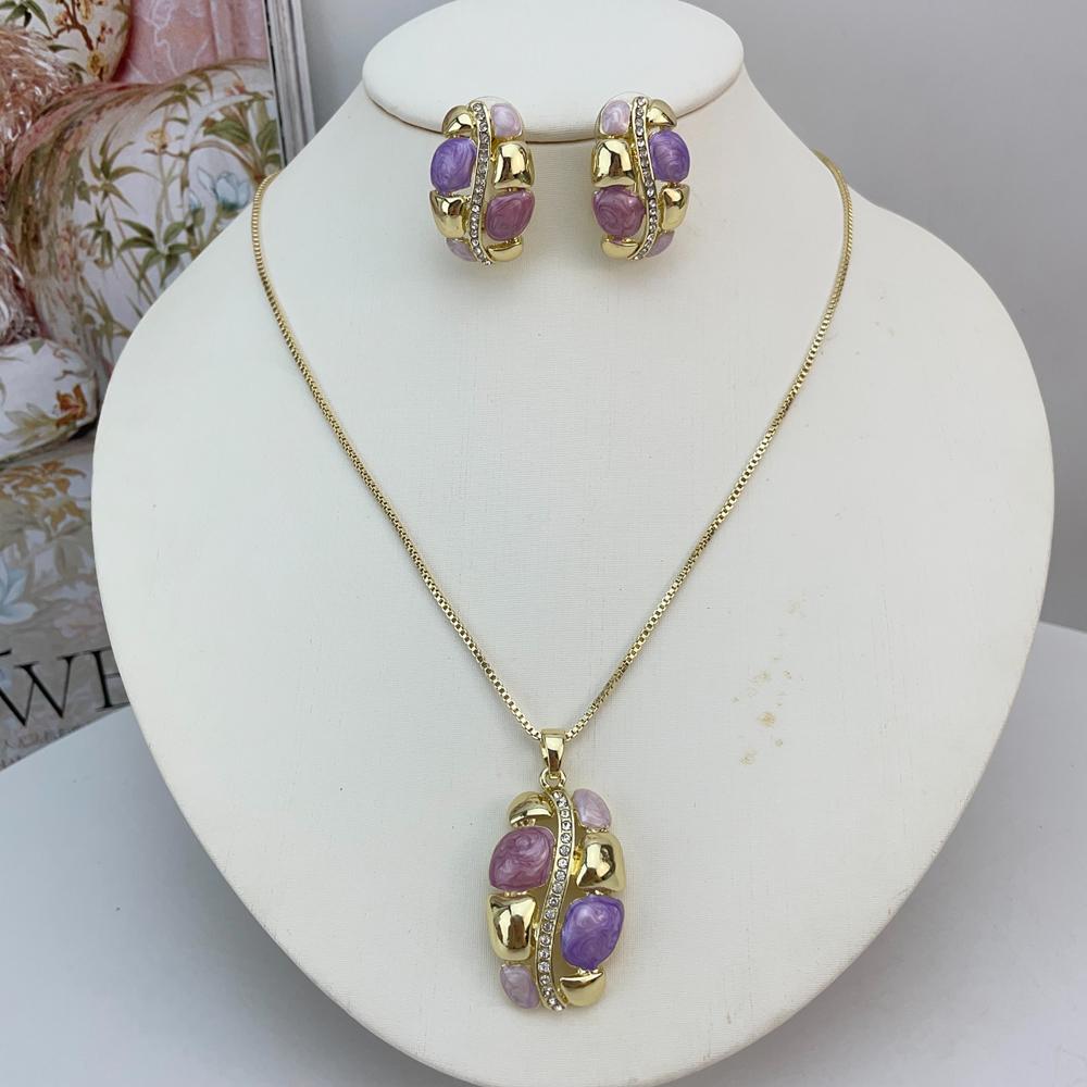 Multi Color Resin Gem Wrapped Metal Jewelry Set Women Necklace Earring Retro Luxury Accessory KY25173