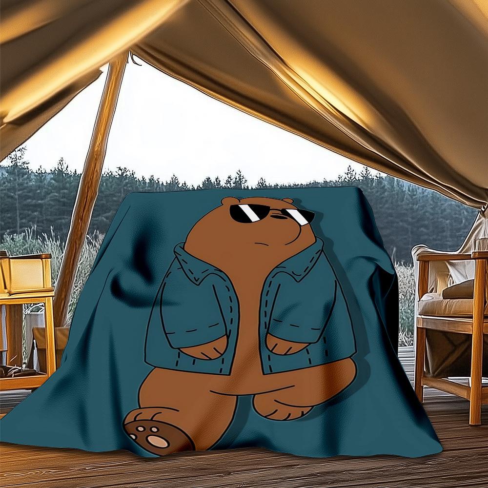 1pc Bear Print Outdoor Flannel Blanket, Lightweight Warm Cozy for Travel Camping Office Soft Polyester Fabric
