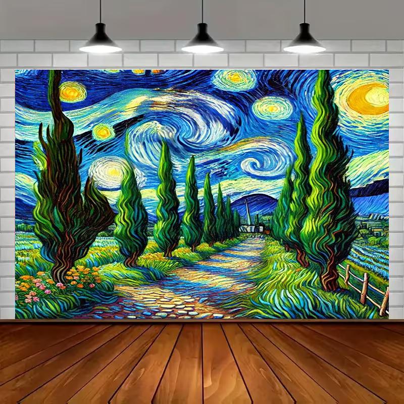 2D Impressionist Landscape Backdrop - Van Gogh Inspired Starry Night Tapestry for Photoshoot