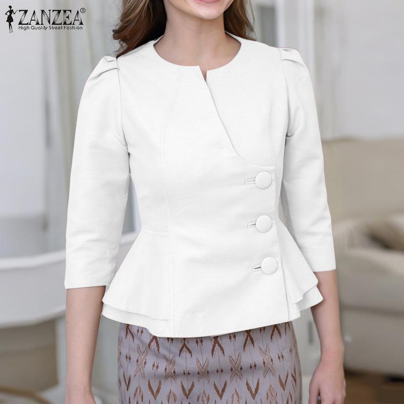 ZANZEA Women Casual Round Neck Summer 3/4 Sleeve Solid Blouse