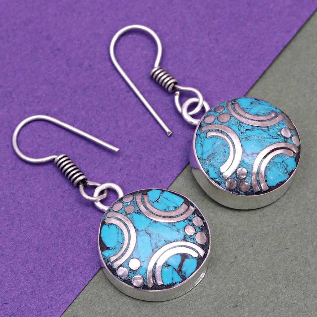 Tibetan Turquoise Coral Red Earrings Nepali Tribal 12gms 1.5" 1.6" Chunky Gift