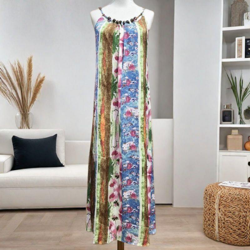 Seaside vacation floral suspender dress women s new retro bohemian ethnic style beautiful medium and long dress S