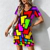 Mode d'été pour femmes Robe à col en V à manches courtes avec imprimé géométrique rétro Jupe courte sexy Robes