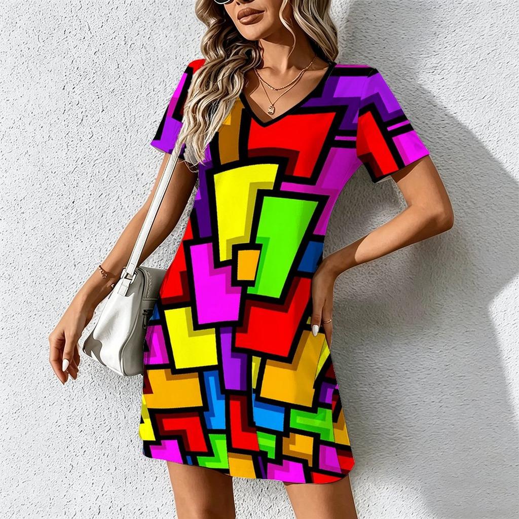Mode d'été pour femmes Robe à col en V à manches courtes avec imprimé géométrique rétro Jupe courte sexy Robes