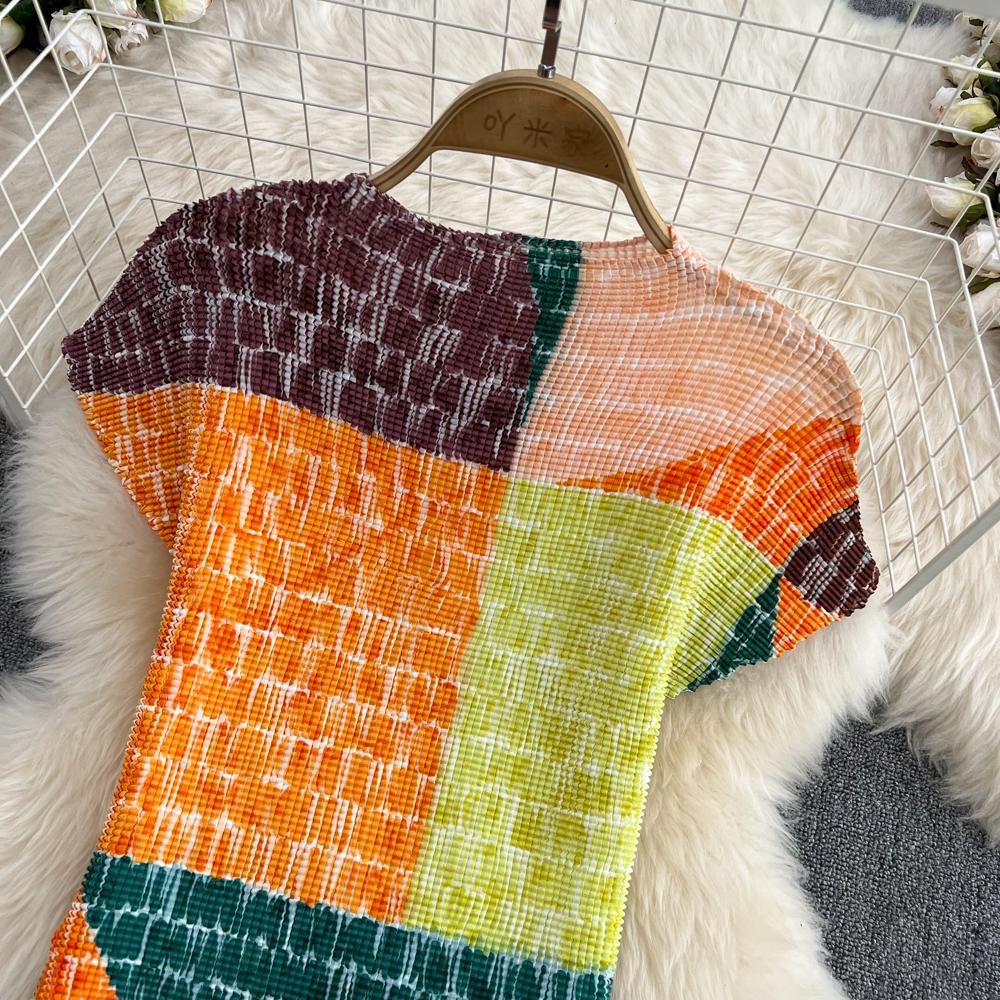 Ladies Fashion Set Crew Neck Slim Short Top Two Piece High Waist Printed A-Line Pleated Skirt