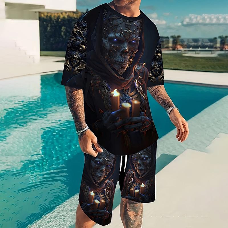 

2024 Новый мужской костюм, летний повседневный дышащий освежающий костюм с принтом 3D-скелета, свободный мужской топ свободного покроя с короткими рукавами 2XL