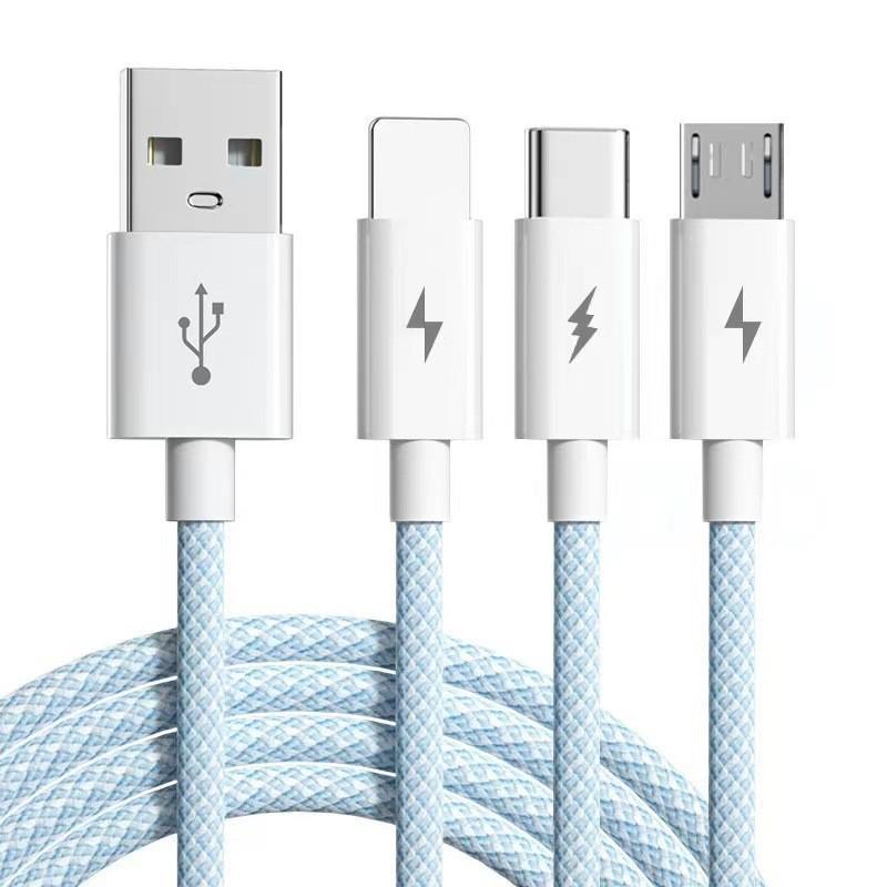 

High Quality 3-in-1 Weave Charging Cable Micro USB Type-C Fast Charger Multi Usb Port Charging Cord Data Cable for Mobile Phone 1.2m синий