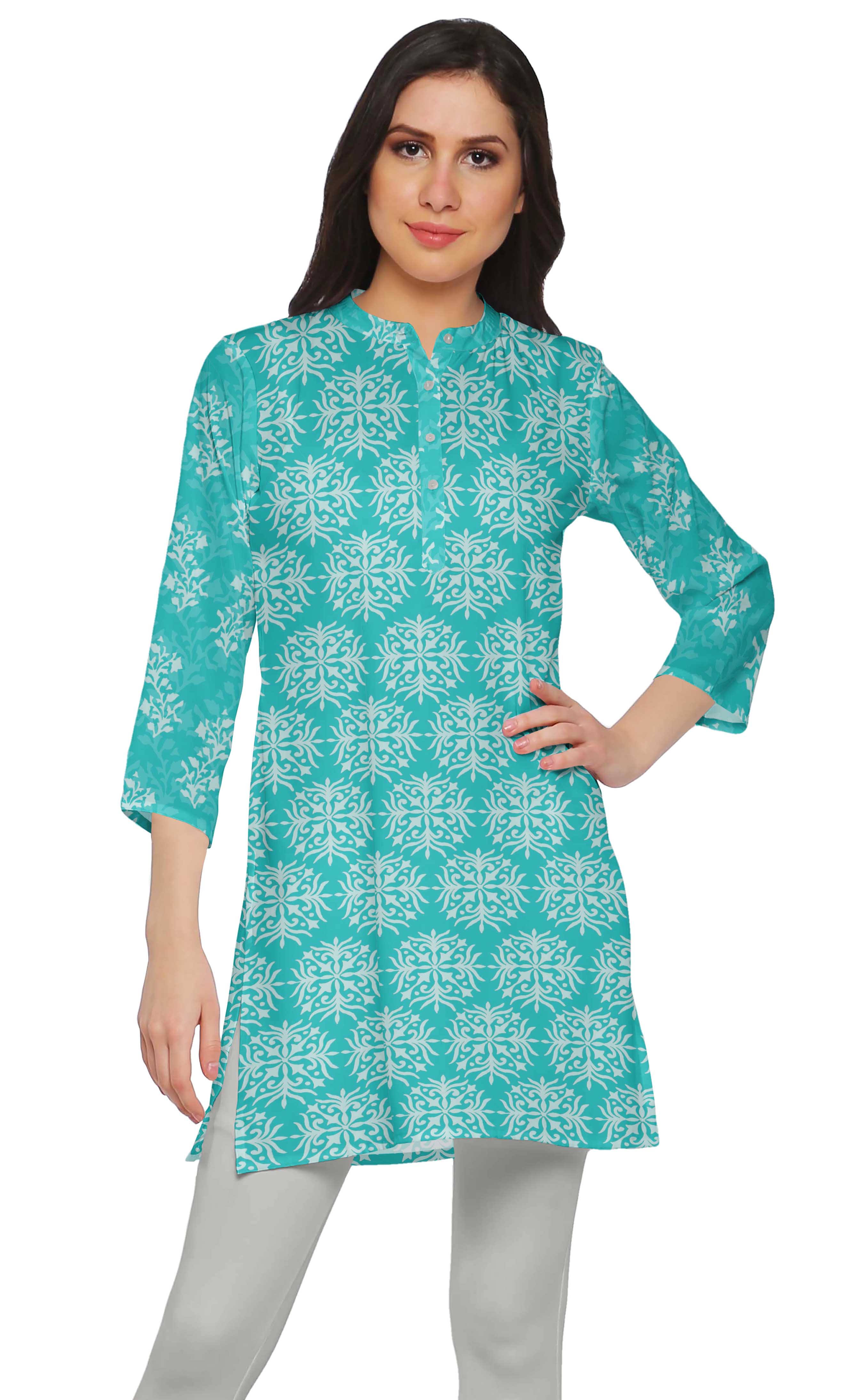 

Moomaya Коротка жіноча туніка Kurta з принтованим бічним розрізом для літнього одягу XS бірюзові зелений колір