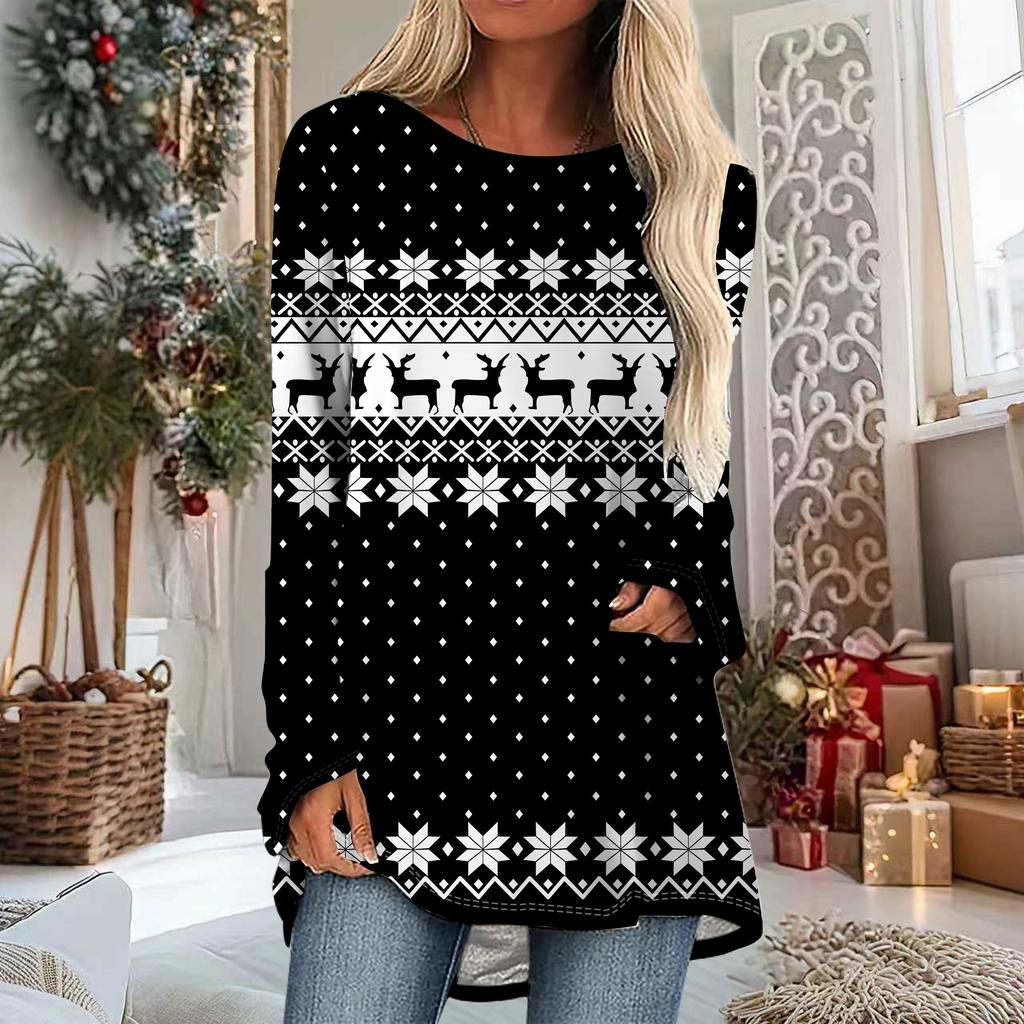 Kobiety Plus Size Wiosna Boże Narodzenie Bałwan Nadrukowany Wygodny Długi Rękaw Okrągły Dekolt T-shirt Casualowy Luźny Średniej Długości Top