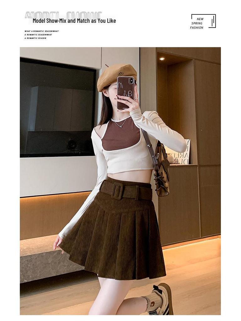 High-Waisted Pleated Chenille A-Line Skirt for Tall Women - Anti-Exposure, Corduroy, Short, Suitable for Spring and Autumn.