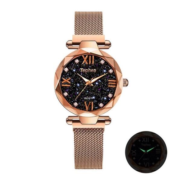 

Роскошные женские кварцевые часы с циферблатом Starry Sky, магнитные наручные часы с бриллиантами, повседневные женские нарядные часы розового золота