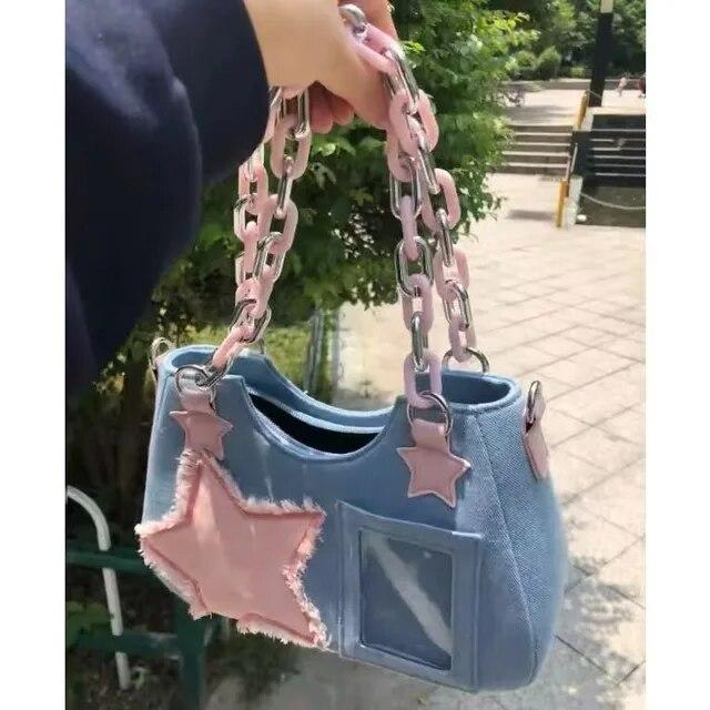 Korejská móda Rameno Podpaží Harajuku Star Tote Denim Taška Řetízek Dámské Tašky Peněženky na zip Kabelky Dámské 2024 Luxusní čtvercová taška