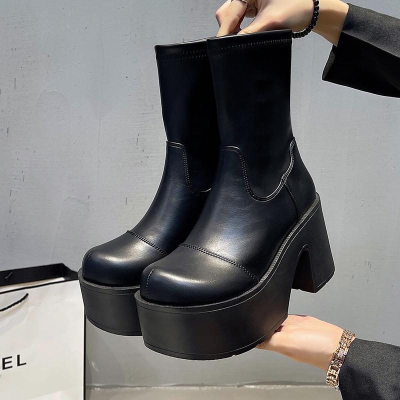 Mode 9CM Hohe Klobige Stiefel Mode Schnürung Dick Absatz Dicke Sohle Motorradstiefel Wasserdichte Plateau Hinterer Reißverschluss Damenschuhe