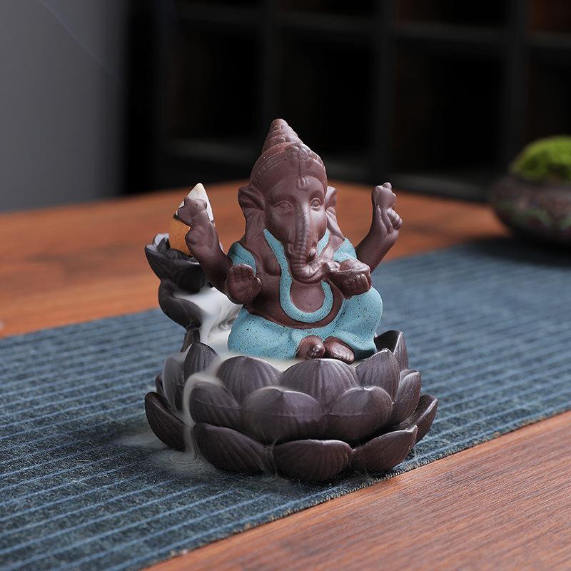 1 Stück, Keramik-Lotus, indischer Ganesha, Elefantengott, Buddha-Statuen, Rückfluss-Räuchergefäß, Buddha-Räucherstäbchen, Heimdekoration, Tee-Haustier