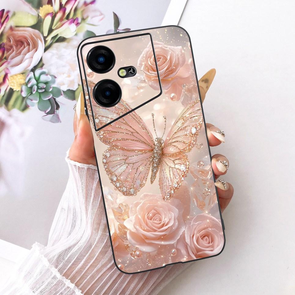 Luxus Blume Schmetterling Schleife Muster Hülle für Tecno Pova Neo Neo3 LE6 LH6n Rückseite Matt Weiches Silikon Handyhülle Stoßfest
